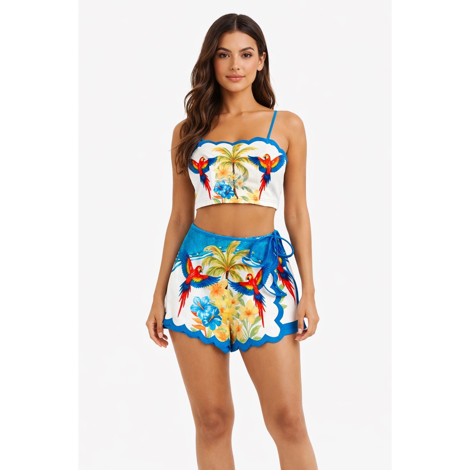Tropical Parrot Palm Tree Print 2 Piece Set Crop Top And Scalloped Shorts Blue L
